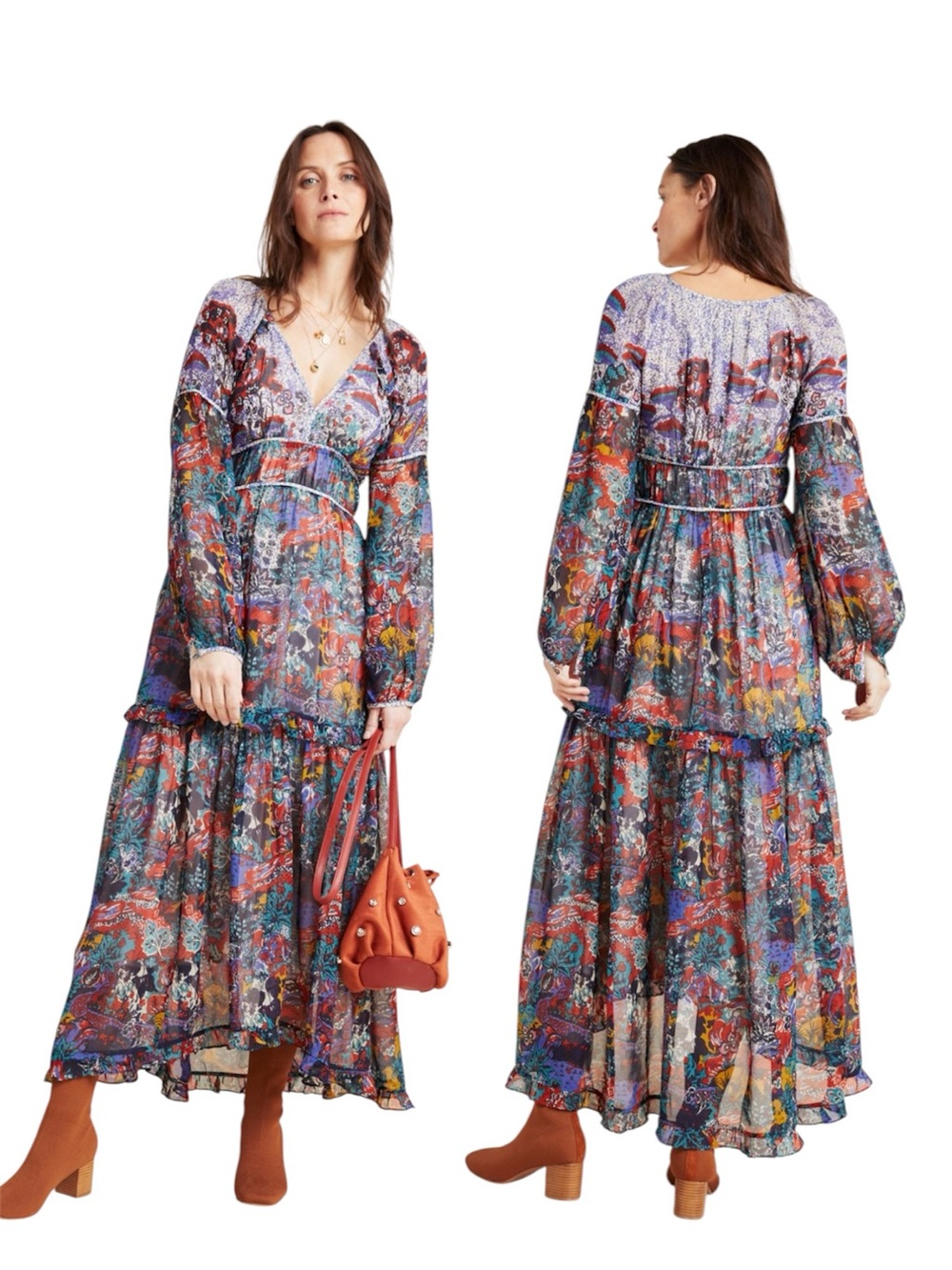 Anthropologie Maeve Annabella Boho Multicolored Puff Sleeve Tiered Maxi Dress